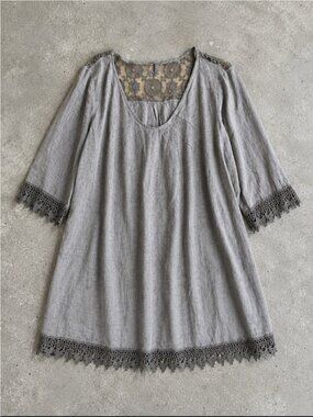 Stella Rosa 100% Linen Lace Trim Shift Tunic Dress Brown 2X Made in Italy Office